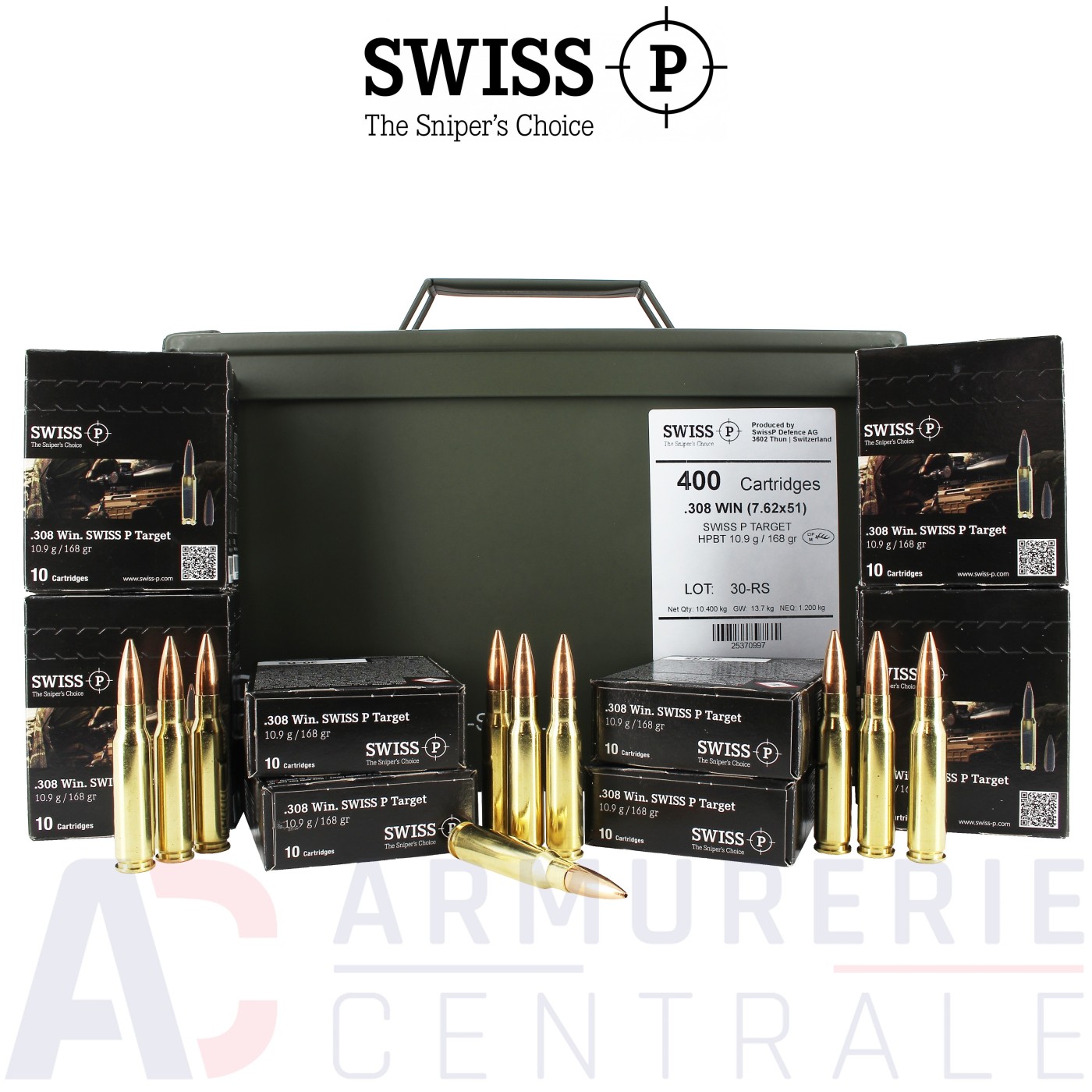 Boite de 400 cartouches Ruag Swiss P Target HPBT 308 Win 168gr