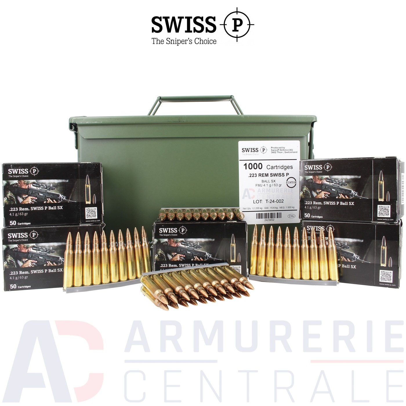 Caisse de 1000 cartouches Swiss-P FMJ SX - 223 Remington (63 gr) Caisse de 1000 cartouches Swiss-P FMJ SX - 223 Remington (63 gr)