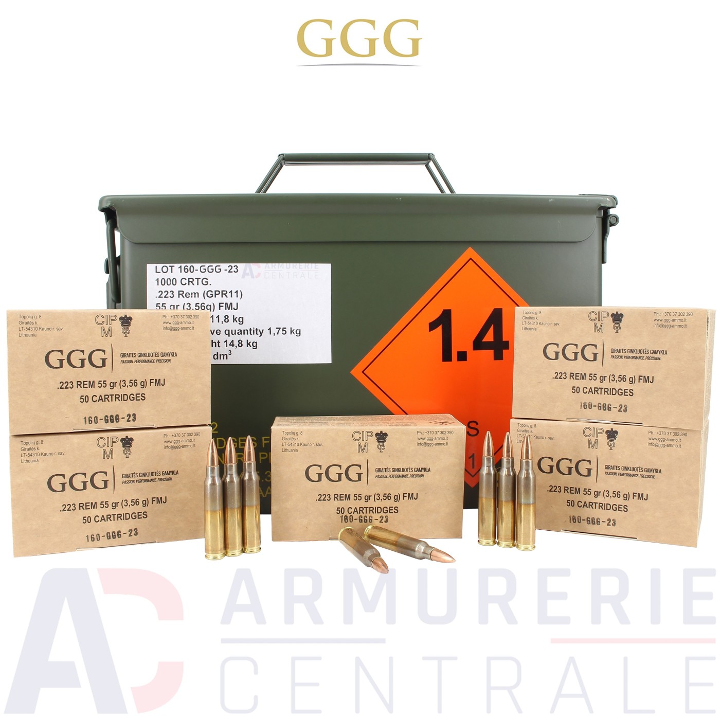 Caisse de 1000 cartouches GGG FMJ - 223 Remington (55 gr) Caisse de 1000 cartouches GGG FMJ - 223 Remington (55 gr)