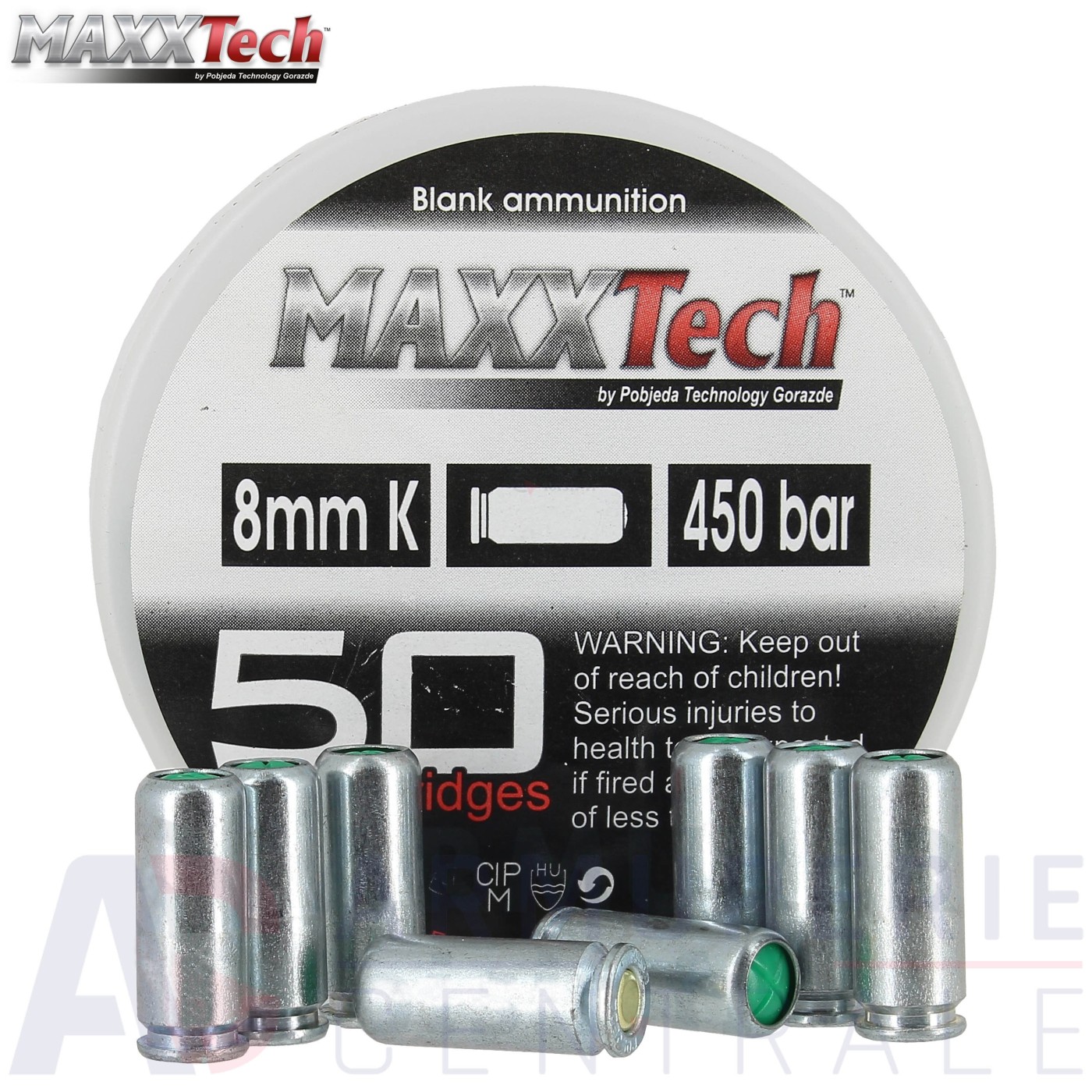 Boite de 50 balles à blanc MAXXTech 8 mm K (pistolet) Boite de 50 balles à blanc MAXXTech 8 mm K (pistolet)